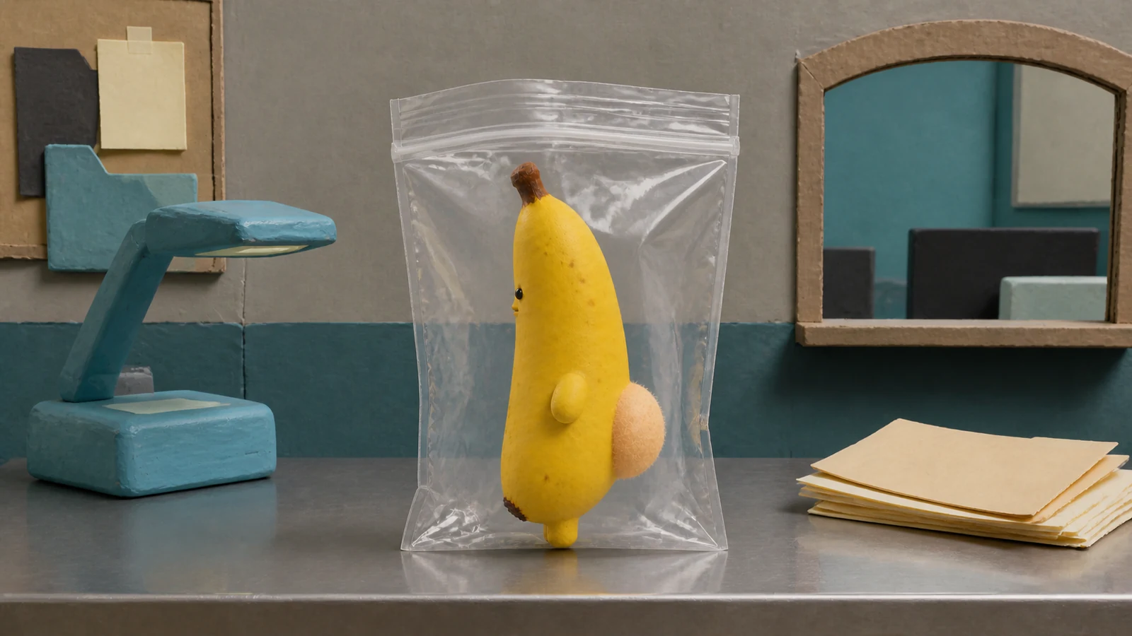 Røvbananen er placeret i en overdimensioneret evidenspose